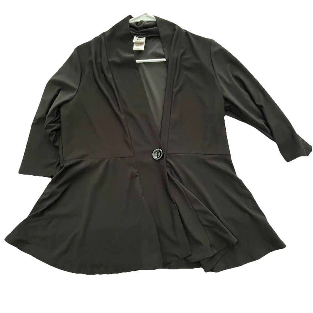 Minimalist V Neck Black Top M3/4 Sleeve Shawl Collar Tailored Flared Hem Classic